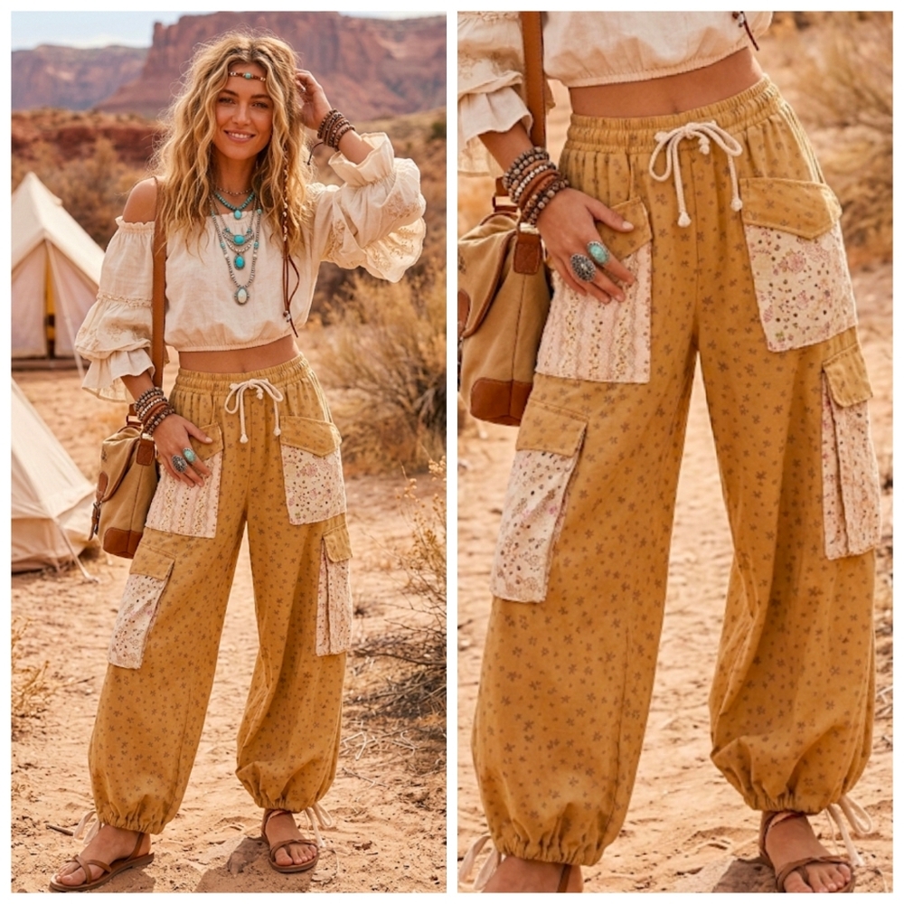 Blue Velvet Tan Floral Joggers Eyelit Cargo Pocket